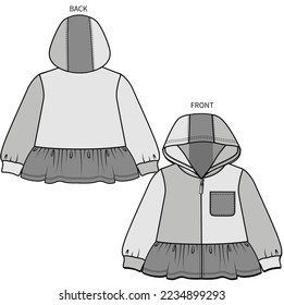 HOODED JACKET WITH CONTRAST POCKET DETAILFOR TODDLER AND BABY GIRLS IN EDITABLE VECTOR