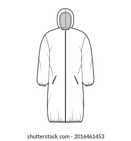 Chaqueta encapuchada Cubierta de la chaqueta de la chaqueta de la chaqueta de la chaqueta de la chapa de la barra del puffer de abajo, ilustración técnica de la moda con mangas largas, cierre de la cremallera, bolsillos, ajuste de la caja, longitud de la rodilla. Delantera plana de la plantilla, estilo de color blanco. Hombres mujeres unisex top CAD mockup