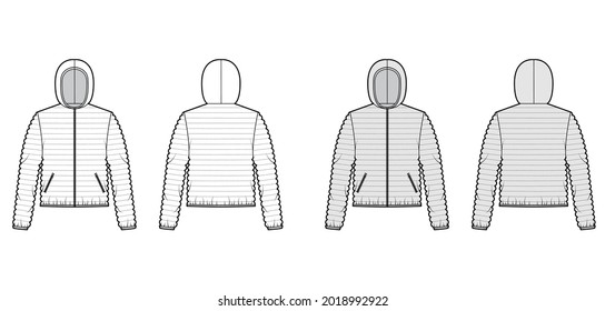 Hooded jacket Down puffer coat technical fashion illustration and long sleeves  zip  up closure  pockets  narrow quilting  Flat template front  back  white  grey color  Women  men  unisex CAD mockup
