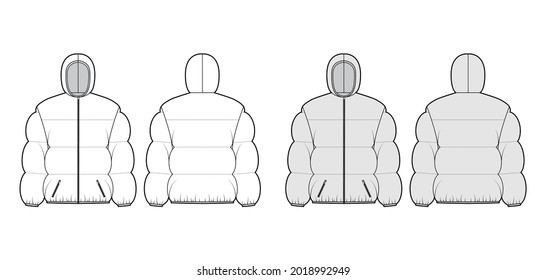 Hooded jacket Down puffer coat technical fashion illustration with pockets, boxy fit, hip length, wide quilting. Flat template front, back, white, grey color style. Women, men, unisex top CAD mockup