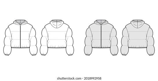 Hooded jacket Down puffer coat technical fashion illustration with long sleeves, zip-up closure, boxy fit, crop length, wide quilting. Flat template front, back, white, grey color. Women, men top CAD