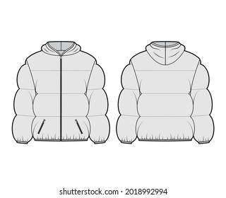 Hooded jacket Down puffer coat technical fashion illustration and long sleeves  pockets  boxy fit  hip length  wide quilting  Flat template front  back  grey color  Women  men  unisex top CAD mockup