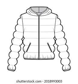 Hooded jacket Down puffer coat technical fashion illustration with zip-up closure, pockets, oversized, classic quilting. Flat template front, white color style. Women, men, unisex top CAD mockup