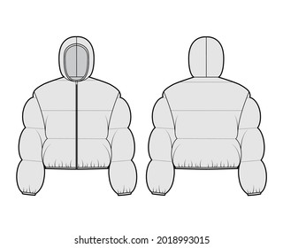 Hooded jacket Down puffer coat technical fashion illustration with long sleeves, zip-up closure, boxy fit, crop length, wide quilting. Flat template front, back, grey color. Women, men top CAD