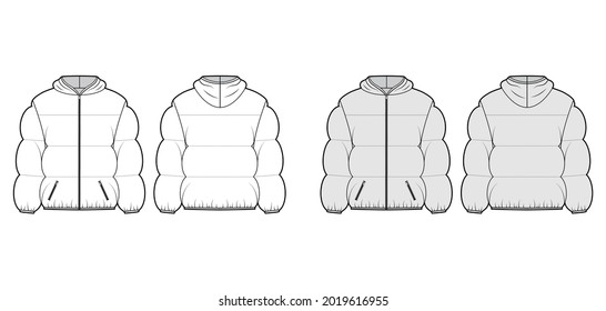 Hooded jacket Down puffer coat technical fashion illustration with long sleeves, pockets, boxy fit, hip length, wide quilting. Flat template front, back, white, grey color style. Women, men CAD mockup