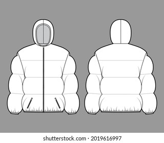 Hooded jacket Down puffer coat technical fashion illustration with long sleeves, pockets, boxy fit, hip length, wide quilting. Flat template front, back, white color. Women, men, unisex top CAD mockup