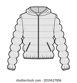 Hooded jacket Down puffer coat technical fashion illustration with zip-up closure, pockets, oversized, classic quilting. Flat template front, grey color style. Women, men, unisex top CAD mockup