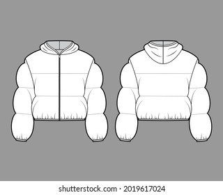 Hooded jacket Down puffer coat technical fashion illustration with long sleeves, zip-up closure, boxy fit, crop length, wide quilting. Flat template front, back, white color. Women, men top CAD