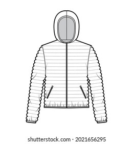 Hooded jacket Down puffer coat technical fashion illustration with long sleeves, zip-up closure, pockets, narrow quilting. Flat template front, white color style. Women, men, unisex top CAD mockup