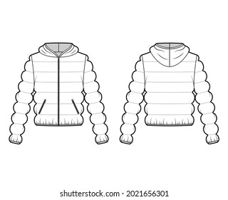 Hooded jacket Down puffer coat technical fashion illustration with zip-up closure, pockets, oversized, classic quilting. Flat template front, back, white color style. Women, men, unisex top CAD mockup