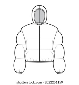 Hooded jacket Down puffer coat technical fashion illustration with long sleeves, zip-up closure, boxy fit, crop length, wide quilting. Flat template front, white color. Women, men top CAD