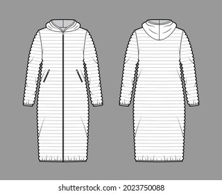 Hooded jacket Down puffer coat technical fashion illustration with long sleeves, pockets, knee length, narrow quilting. Flat template front, back, white color style. Women, men, unisex top CAD mockup