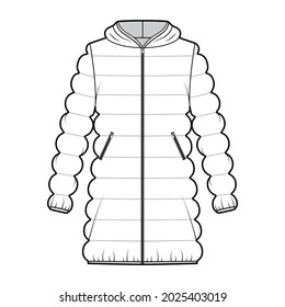 Hooded jacket Down puffer coat technical fashion illustration with zip-up closure, oversized, thigh length, classic quilting. Flat template front, white color style. Women, men, unisex top CAD mockup