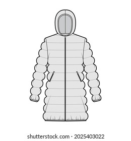 Hooded jacket Down puffer coat technical fashion illustration with zip-up closure, oversized, thigh length, classic quilting. Flat template front, grey color style. Women, men, unisex top CAD mockup