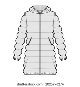 Hooded jacket Down puffer coat technical fashion illustration with zip-up closure, oversized, thigh length, classic quilting. Flat template front, grey color style. Women, men, unisex top CAD mockup