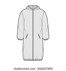 Hooded jacket Down puffer coat technical fashion illustration with long sleeves, zip-up closure, pockets, boxy fit, knee length. Flat template front grey color style. Women, men, unisex top CAD mockup