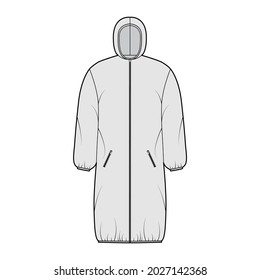 Hooded jacket Down puffer coat technical fashion illustration with long sleeves, zip-up closure, pockets, boxy fit, knee length. Flat template front grey color style. Women, men, unisex top CAD mockup