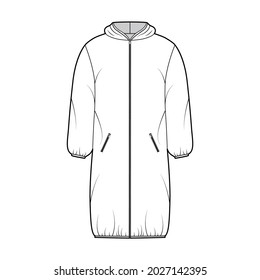 Hooded jacket Down puffer coat technical fashion illustration with long sleeves, zip-up closure, pockets, boxy fit, knee length. Flat template front, white color style. Women, men, unisex CAD mockup