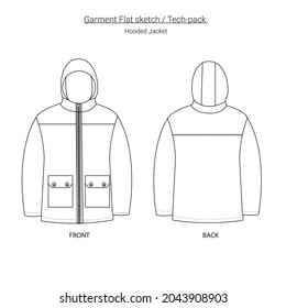 Hooded jacket flat sketch, tech pack