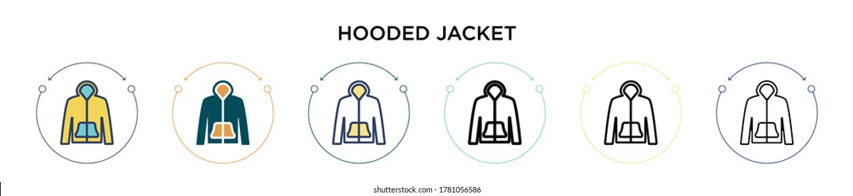 Hooded jacket icon in filled, thin line, outline and stroke style. Vector illustration of two colored and black hooded jacket vector icons designs can be used for mobile, ui, web