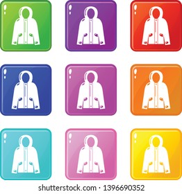 Hooded jacket icons set 9 color collection isolated on white for any design