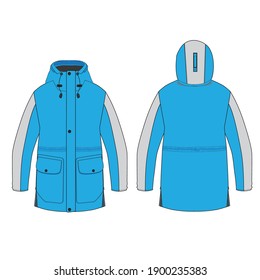 hooded jacket with patch pockets in blue and white with drawstrings on the hood