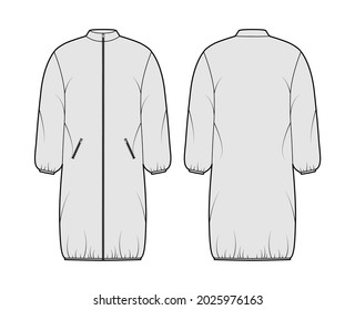 Hooded jacket puffer coat technical fashion illustration with long sleeves, stand collar, zip-up closure, pockets, boxy fit. Flat template front, back, grey color style. Women, men, unisex top mockup