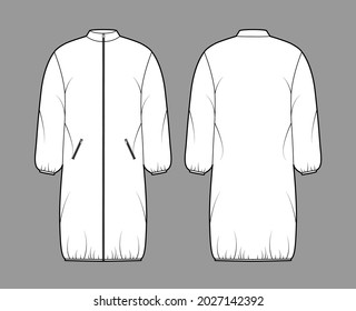 Chaqueta de chaqueta encapuchada, chaqueta de pólfer técnica, ilustración de moda técnica con collarín, cierre de cremallera, bolsillos, ajuste de caja, longitud de rodilla. Estilo de color blanco, frontal y posterior de una plantilla plana. Mujeres, hombres, maquillaje de CAD unisex