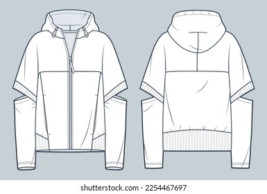 Hooded Jacket technical fashion illustration. Hoodie Sweatshirt fashion flat technical drawing template, pocket, transformer, zip-up, front and back view, white, women, men, unisex CAD mockup.