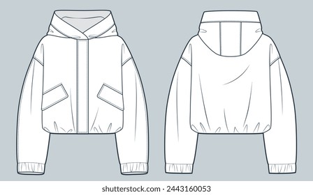 Hooded Jacket technical fashion Illustration. Unisex Nylon Jacket fashion flat technical drawing template, pocket, hood, oversize, front and back view, white, women, men, unisex CAD mockup.