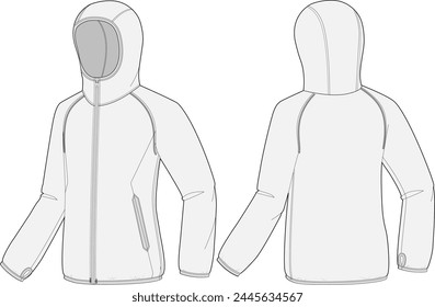 Chaqueta con capucha técnica de la ilustración de la moda vista frontal y posterior. Diseño de ropa exterior ligera de manga larga con orificios para el pulgar.