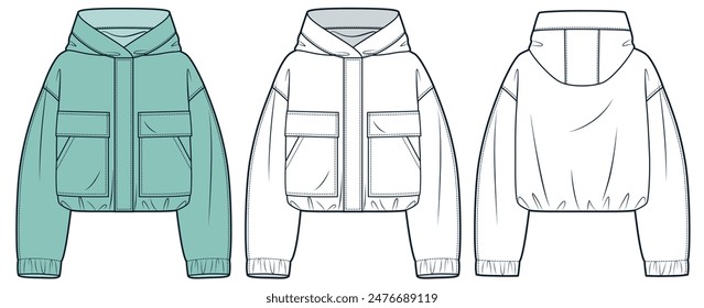 Hooded Jacket technical fashion Illustration. Unisex Nylon Jacket fashion flat technical drawing template, pocket, hood, oversize, front and back view, white, green, women, men, unisex CAD mockup set.