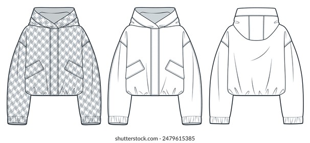 Hooded Jacket technical fashion Illustration. Nylon Jacket, Raincoat fashion flat technical drawing template, pocket, oversize, front and back view, white, gray, women, men, unisex CAD mockup set.