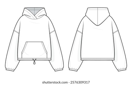 Hooded jacket Technical Fashion Illustration. Oversized-Fit Hoodie with Kangaroo Pocket and Garterized Cuffs and drawstring Hem vector template. Casual street wear. Unisex. CAD Mockup Set.