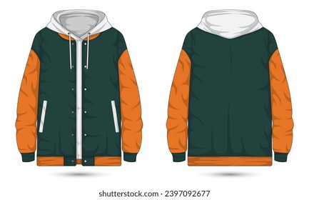 Hooded letterman jacket mockup front and back view