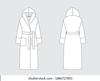 hooded long bathrobe, front and back, drawing flat sketches with vector illustration by sweettears