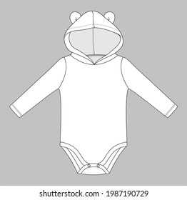 hooded long sleeve baby body suit with ears. Flat sketch template isolated on grey background