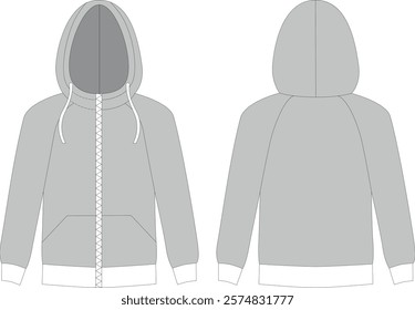 Hooded Long Sleeve Hoodie with Zip Kangaroo Pocket, Vector Mockup, Fashion Illustration, CAD Mockup, Technical Drawing.