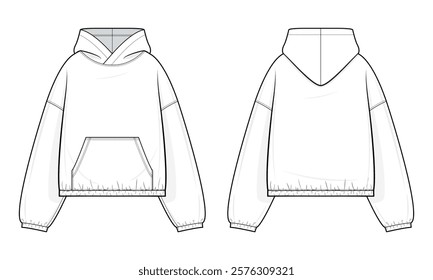 Hooded Loungewear jacket Technical Fashion Illustration. Oversized-Fit Hoodie with Kangaroo Pocket and Garterized Cuffs and Hem vector template. Casual street wear. White. CAD Mockup Set.