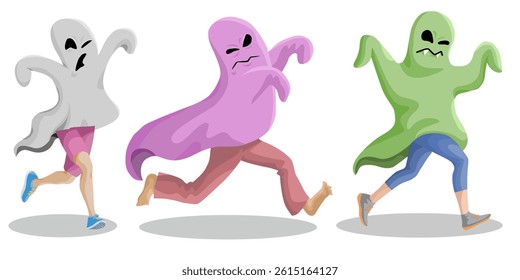 A hooded man acting as a ghost on Halloween. Editable white background vector illustration.