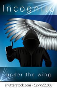 hooded man in black, Incognito pointing finger, front view, under the silver wing of a bird with feathers, poster. Vector Illustration