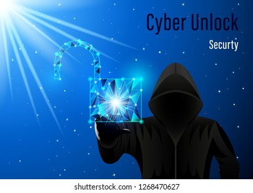 Hooded man, hacker and open padlock from triangular fragments on a night starry sky digital background. Cyber security, information privacy, data protection, Internet hacking. Vector Illustration