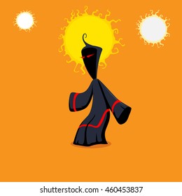 hooded man with red eyes, vector illustration in cartoon style