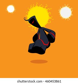 hooded man with red eyes, vector illustration in cartoon style