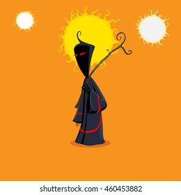 hooded man with red eyes, vector illustration in cartoon style