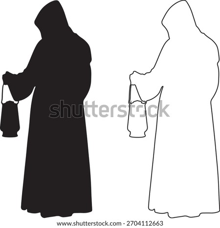 Hooded monk figure holding lantern silhouette