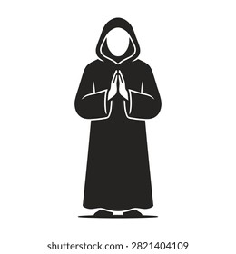Hooded monk praying vector silhouette icon with religion spiritual meditation devotion cloister