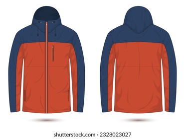 hooded mountain jacket front and back view. vector illustration