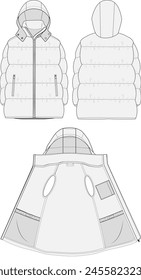 Hooded Nylon Puffer Jacket Vector Design Flat Illustration Template Front Back Open Views