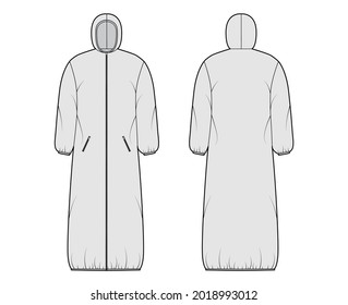Hooded padded shell coat jacket puffer technical fashion illustration with long sleeves, maxi length, zip-up closure, boxy fit. Flat template front, back, grey color. Women, men, unisex top CAD mockup